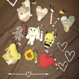 Crochet and bead keychains.